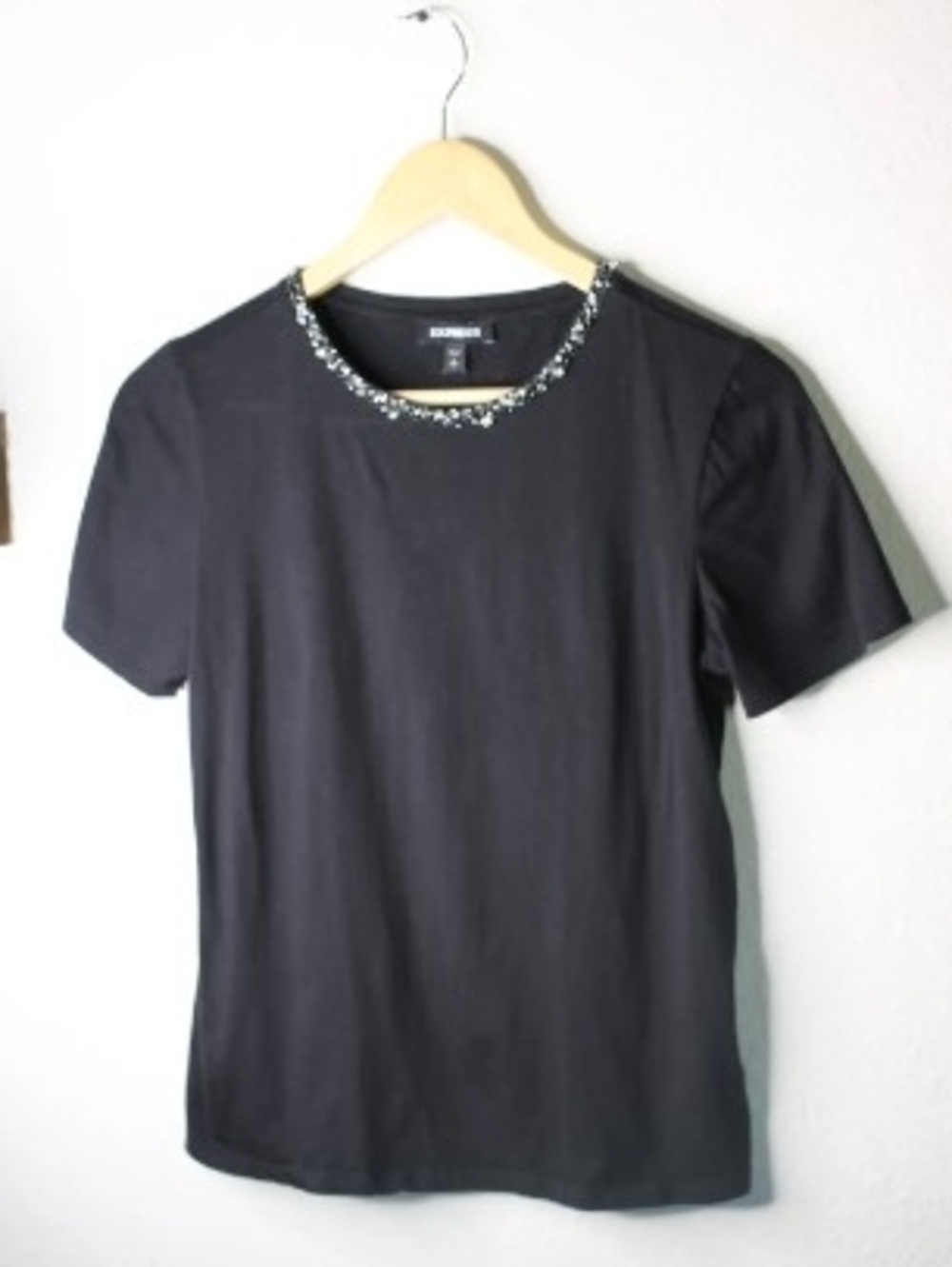 Express Black Short Sleeve Tee with Beaded Collar